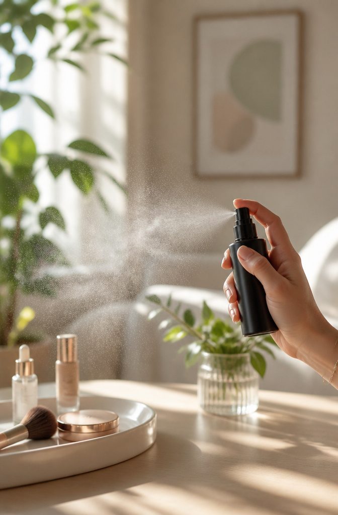A hand applying setting mist in a soft-focus environment.