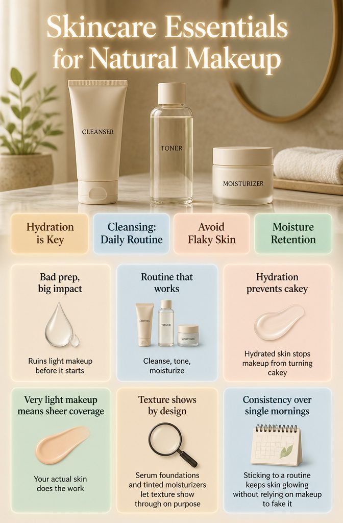 An information image titled 'Skincare Essentials for Natural Makeup'.