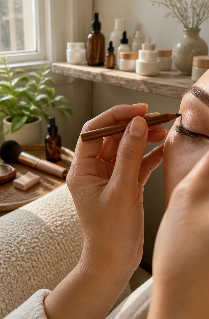 A hand applying soft brown pencil eyeliner to a delicate eye.