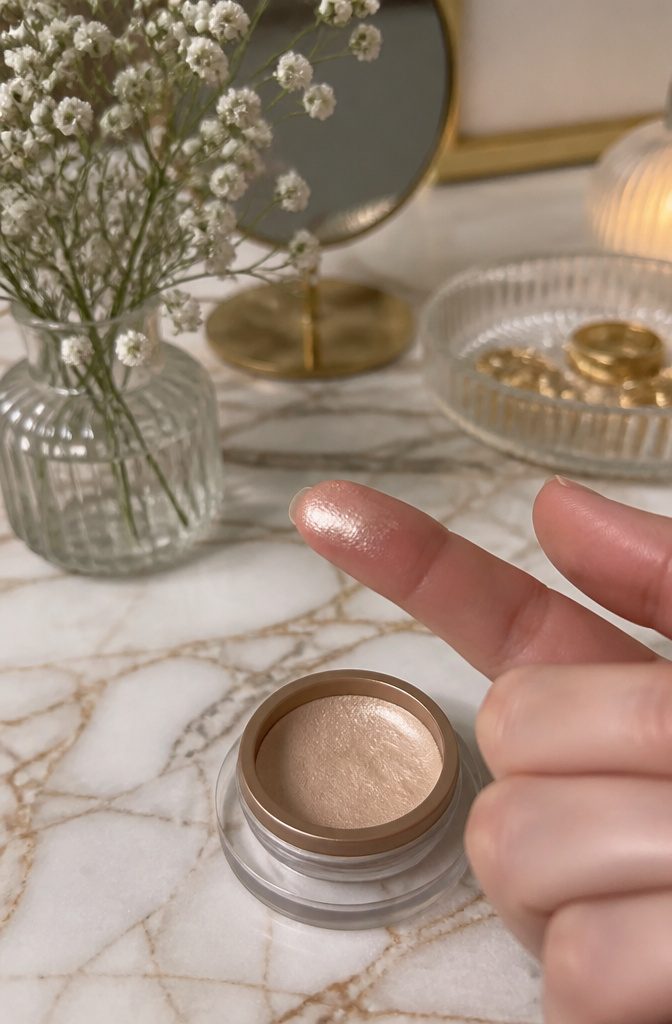 A finger ready to apply cream highlighter in a beautifully arranged makeup corner.