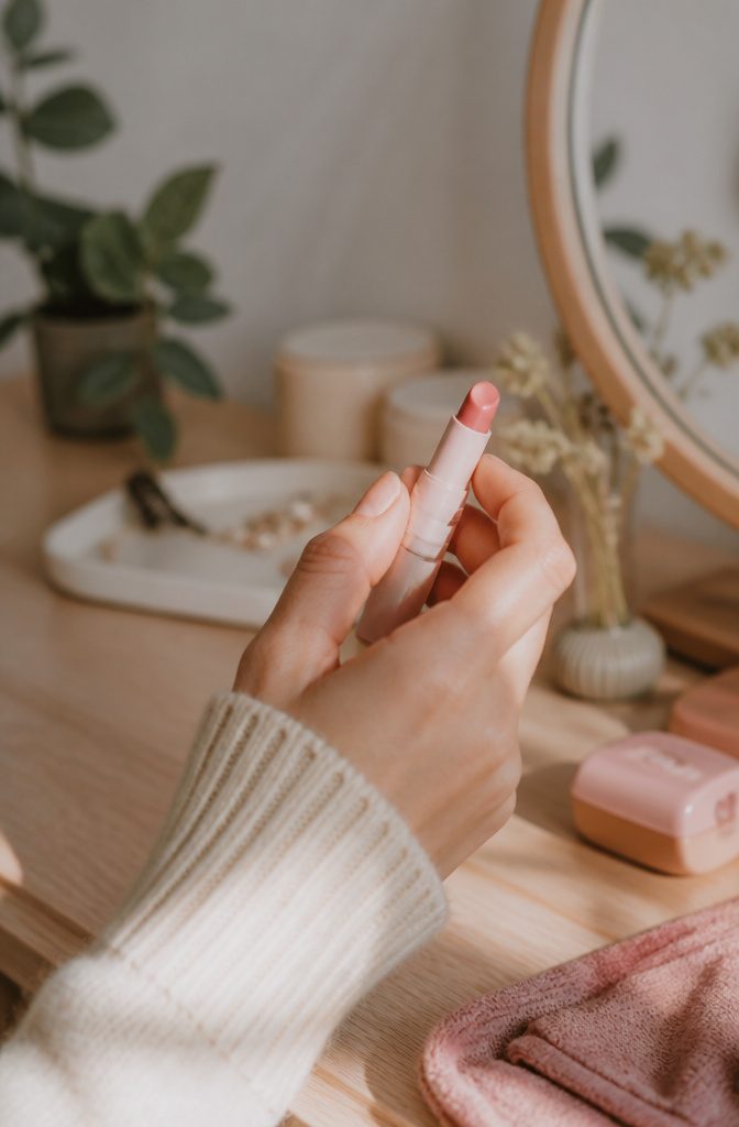 A hand applying tinted lip balm in a softly lit, cozy setting.