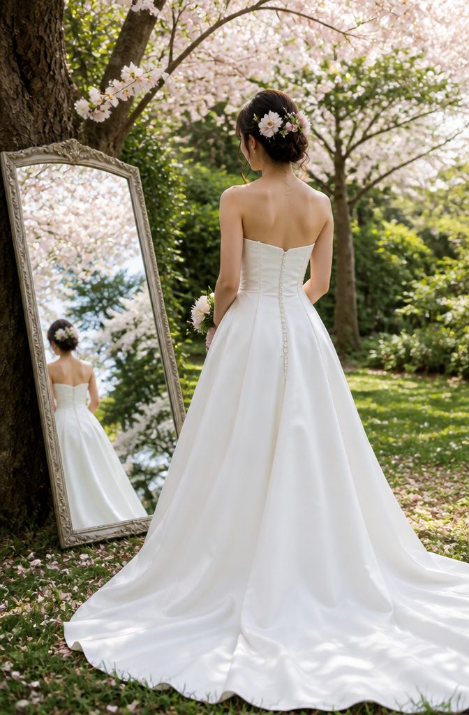 A bride posing for a portrait in her wedding dress.