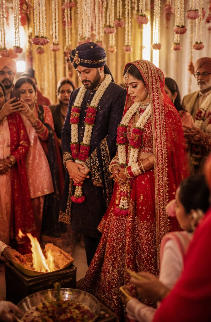 A couple dressed in South Asian wedding attire at a mandap.