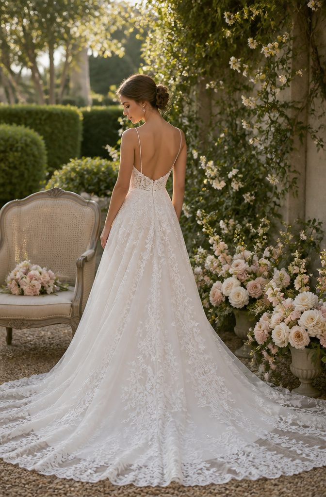 A bride posing in a garden with flowering vines.