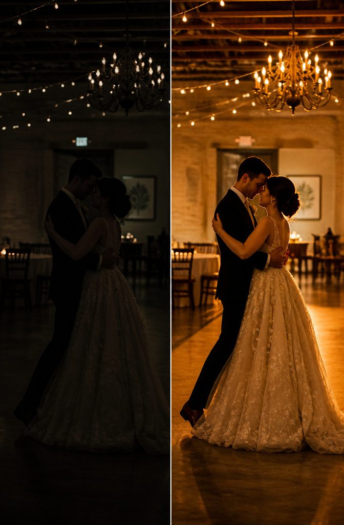 A bride's face illuminated by soft golden hour light.