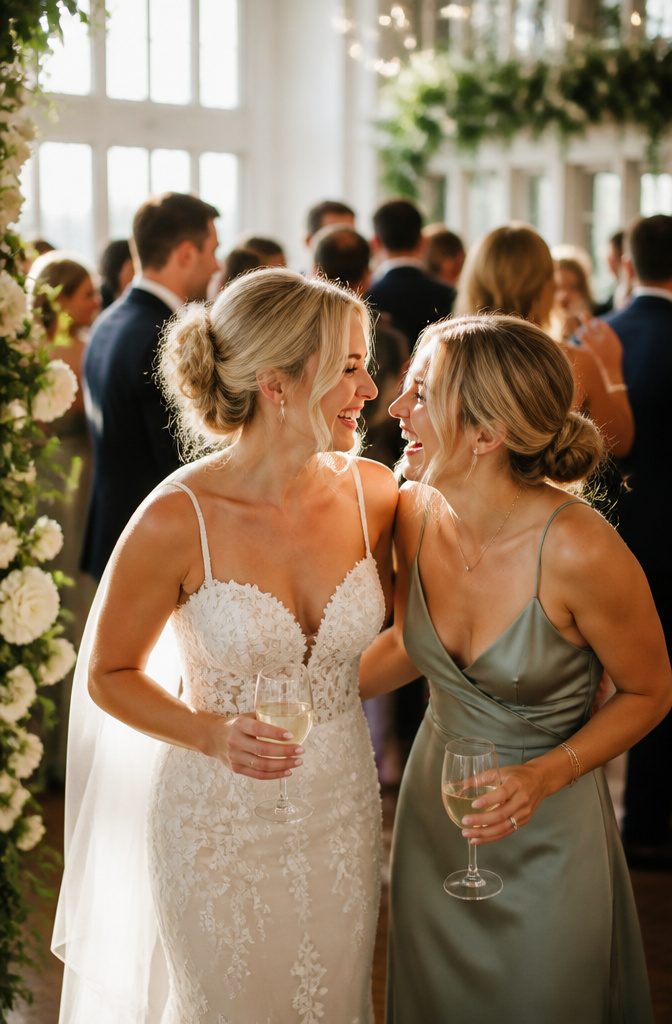 A bride and her friend laughing at a wedding reception.