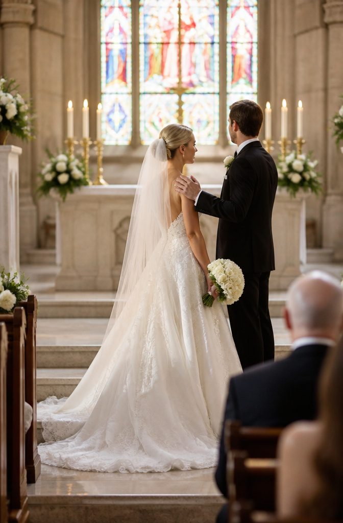 A bride and groom at the altar in a church.