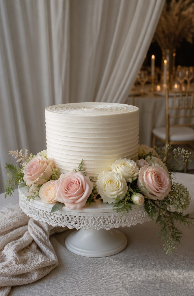 Classic wedding cake adorned with fresh flowers and a simple message.