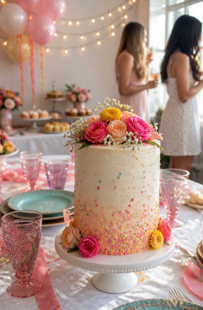 Lively bridal shower cake adorned with colorful decorations and a fun message.