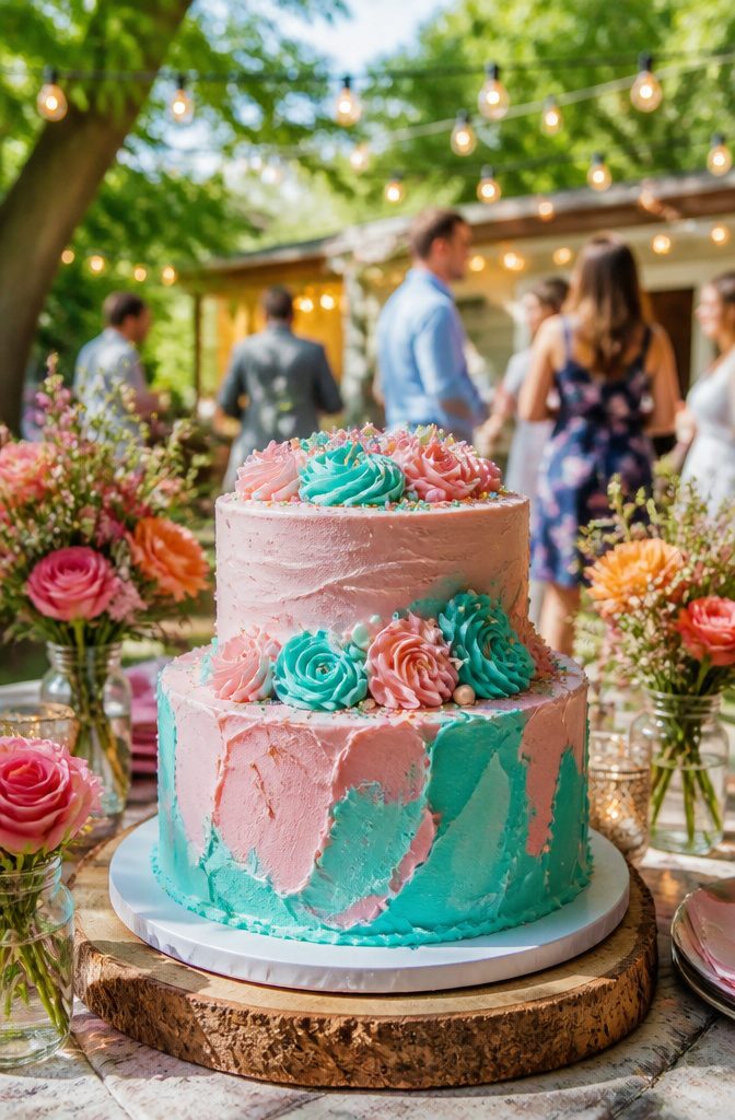 Vibrant wedding cake decorated with a funny message and colorful buttercream.