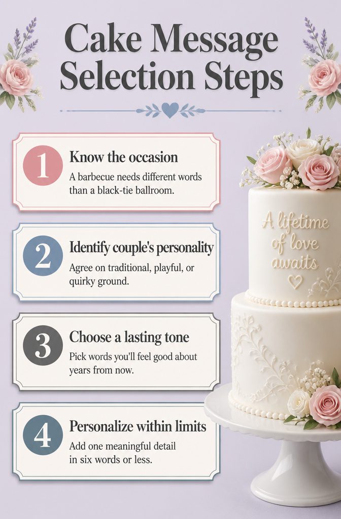 Information graphic outlining steps to select a wedding cake message.