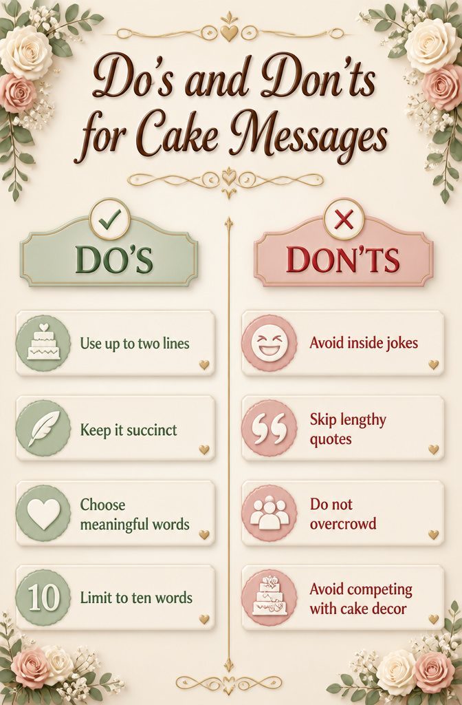Information graphic showing do's and don'ts for cake messages.