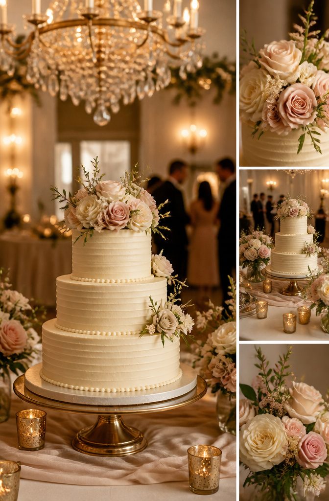 Wedding cake featuring the couple's names in a heartfelt message.