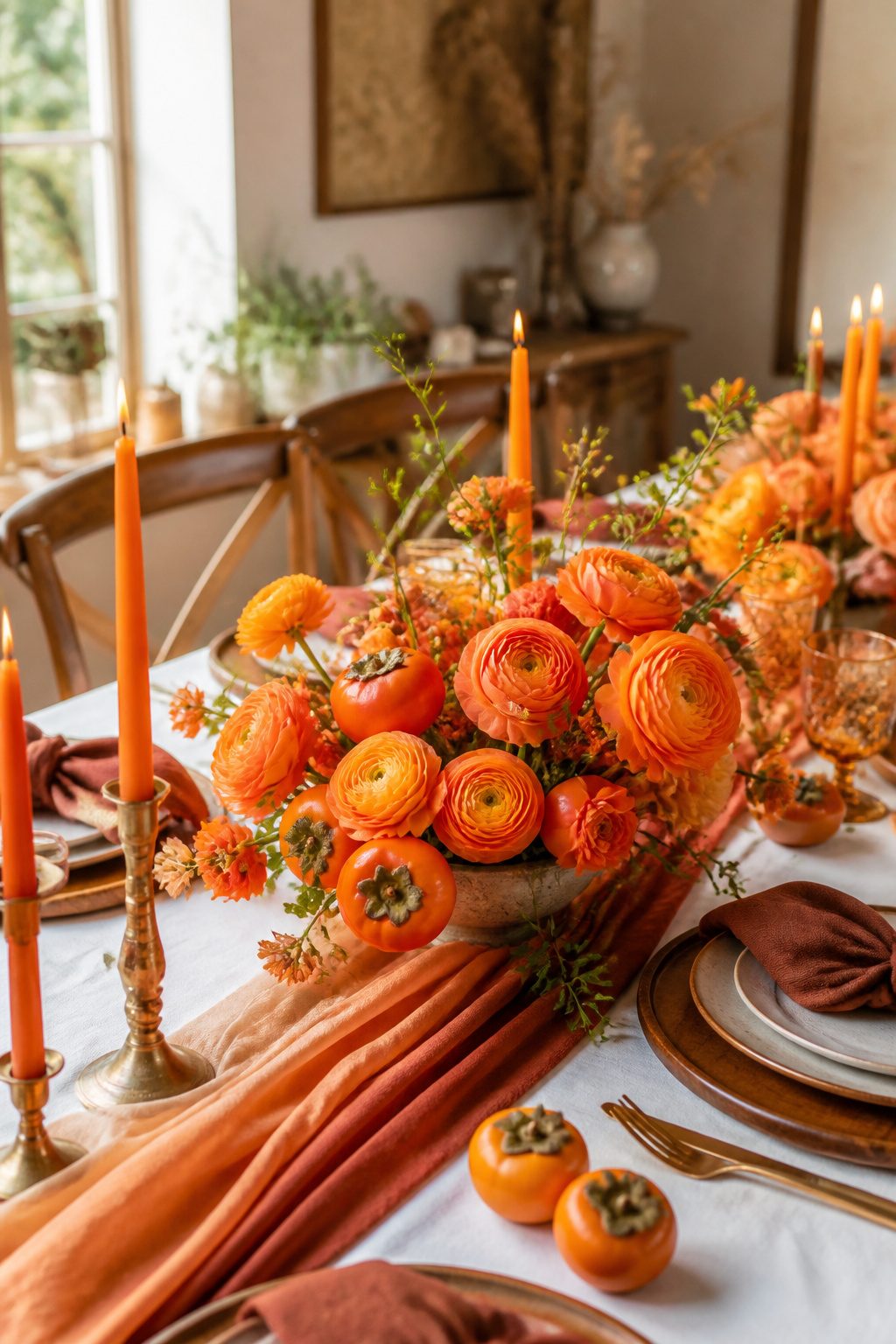 Centerpiece with orange flowers on a white table.