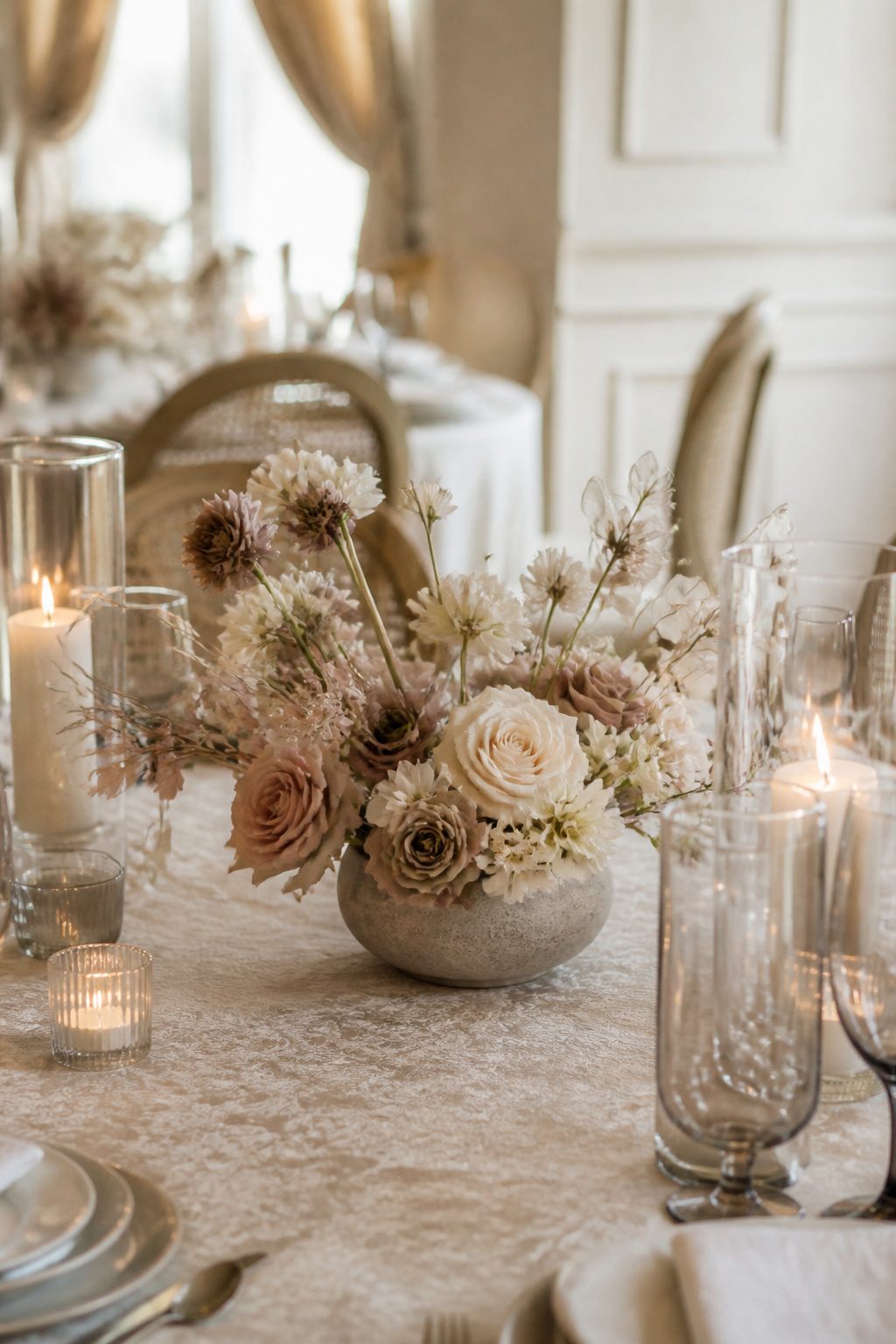 Taupe and greige flowers in a minimalist stone vessel.