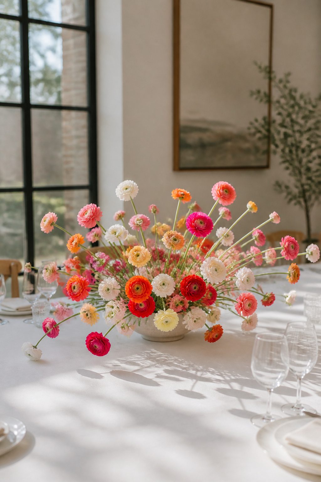 Colorful ranunculus arranged in a low centerpiece.