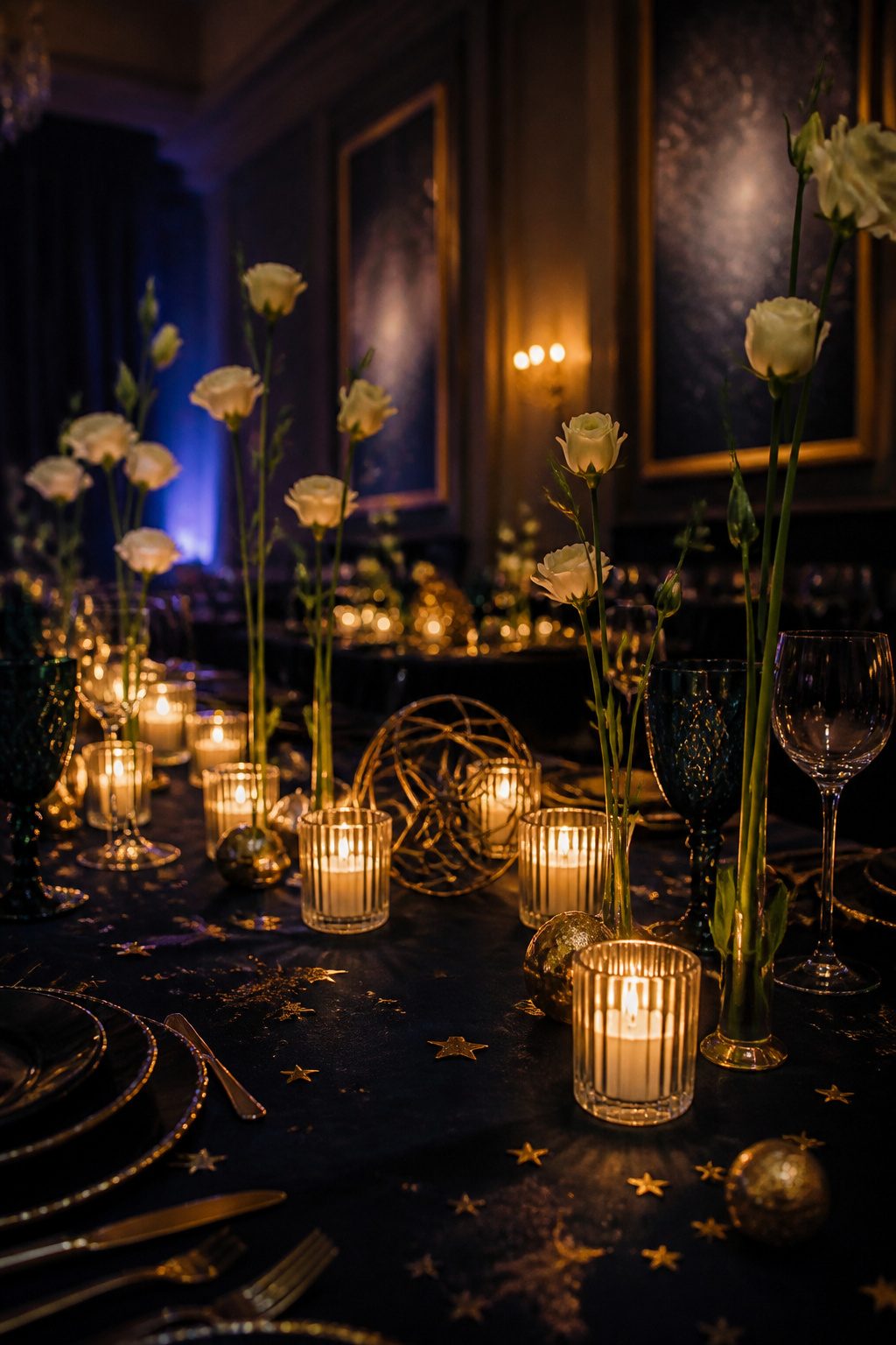 Votive candles on a dark tablecloth for a celestial theme.