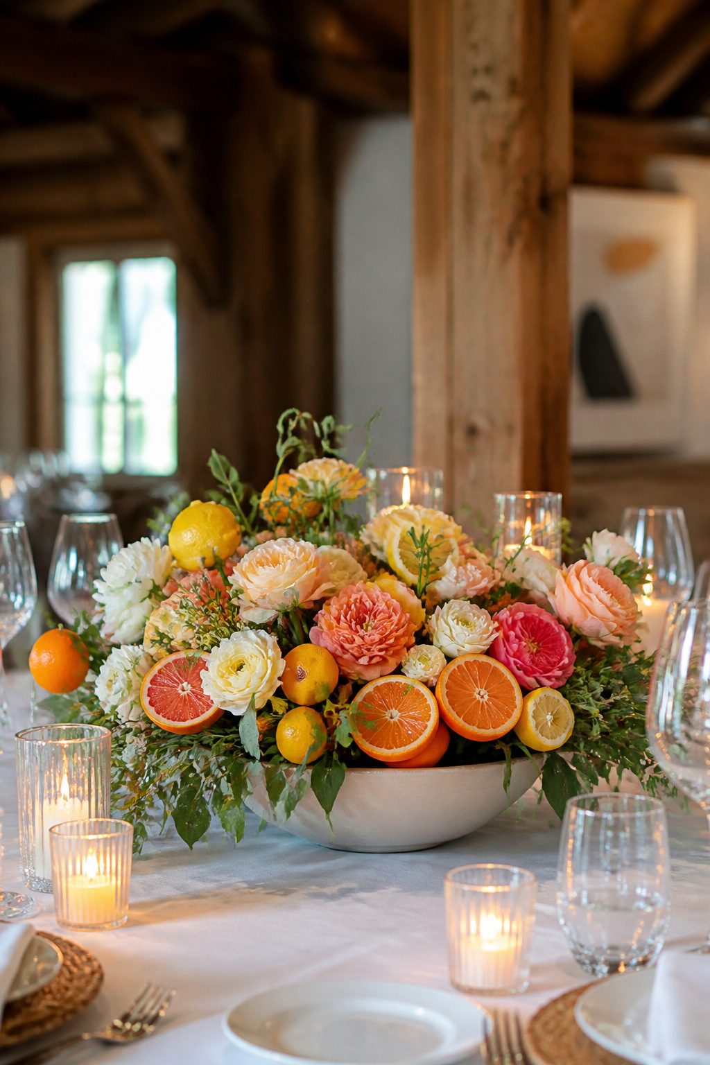 Citrus fruits arranged in a low bowl on a table.
