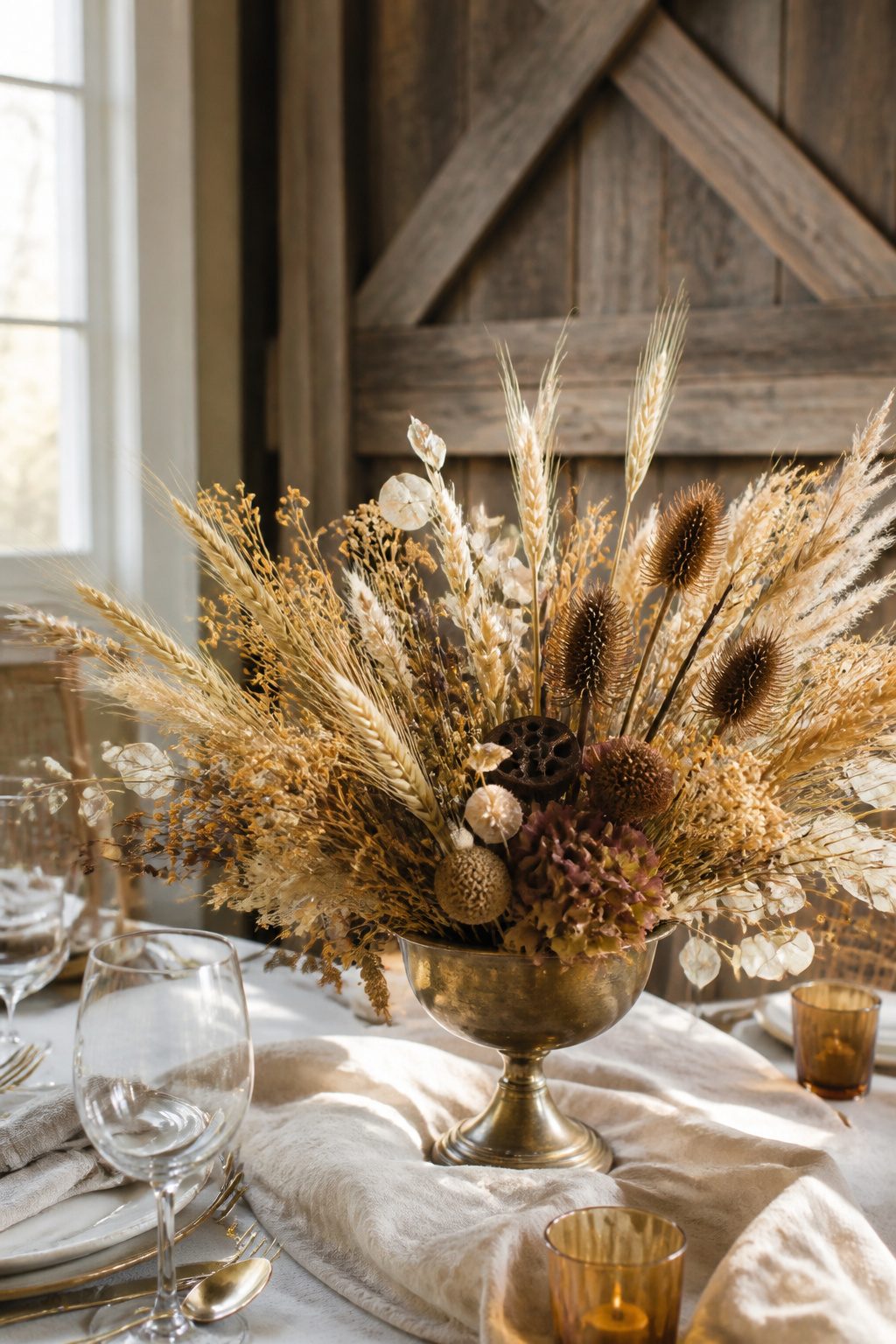 Dried wheat and grasses in a vintage brass compote.