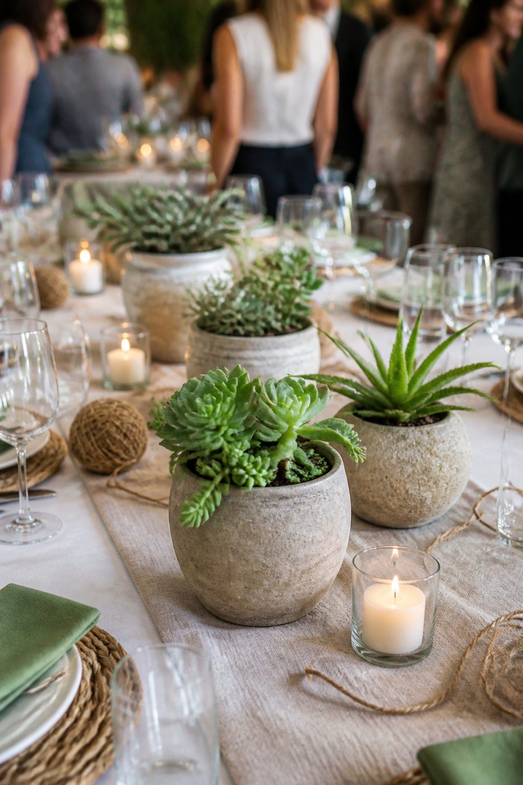Potted succulents arranged as centerpieces on tables.