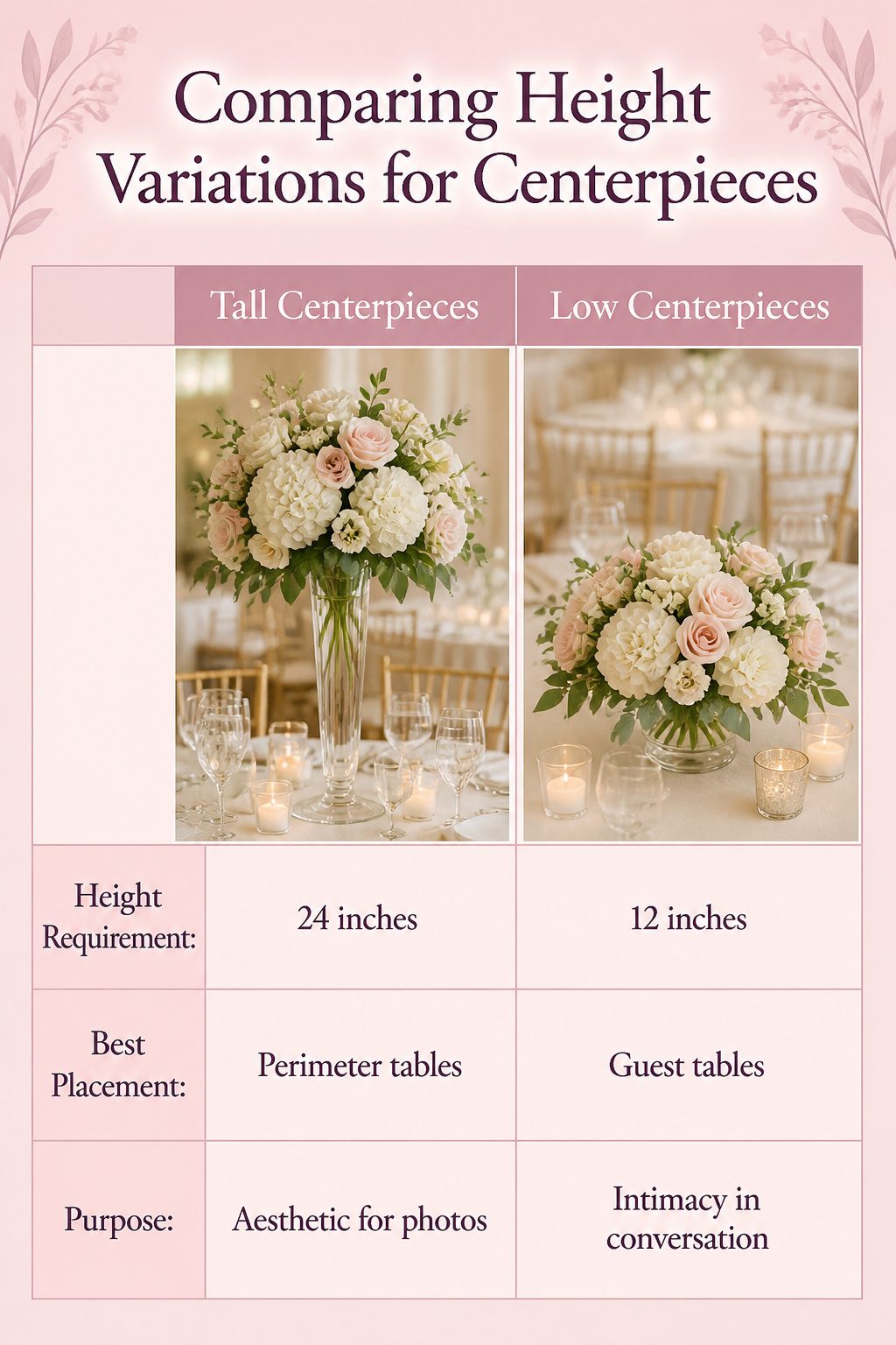 Tall and low centerpieces arranged on a wedding table.