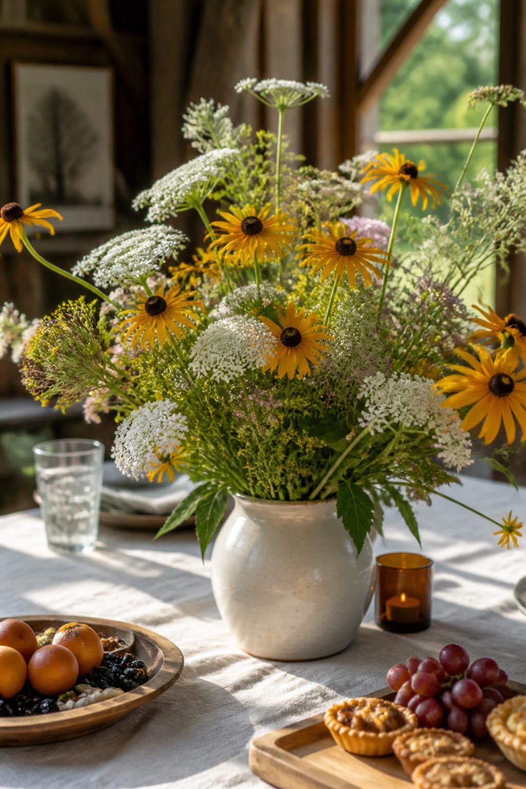 A variety of wildflowers arranged casually in a centerpiece.