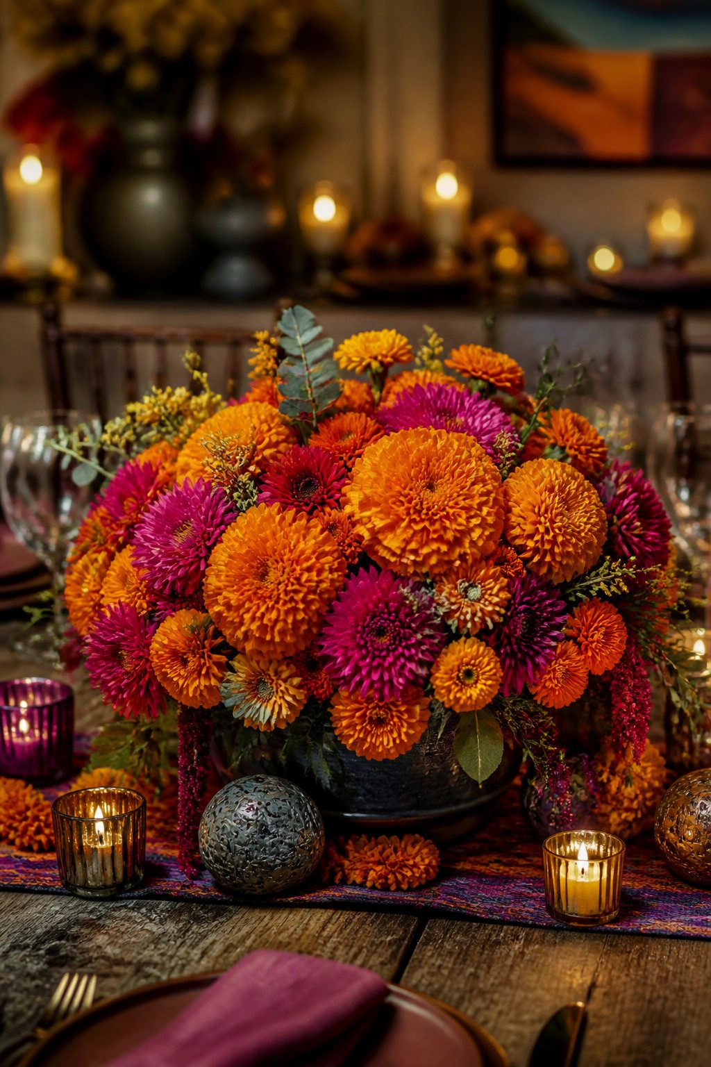 Cempasúchil flowers arranged with other blooms on a table.