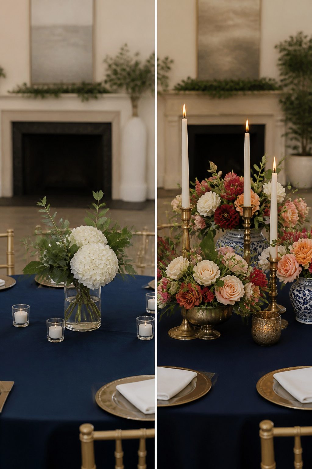 Different centerpiece styles on various wedding tables.