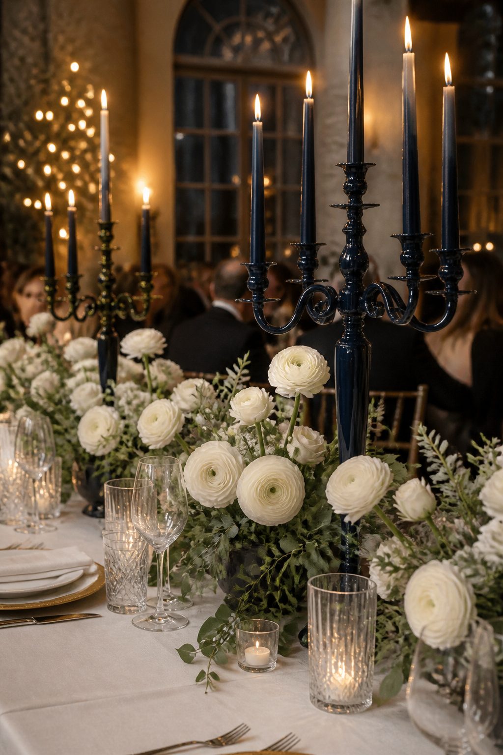 Pale ranunculus next to navy candelabras on a wedding table.