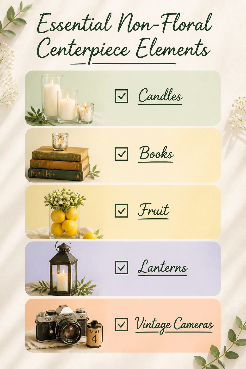 Vintage books and candles as centerpiece elements.