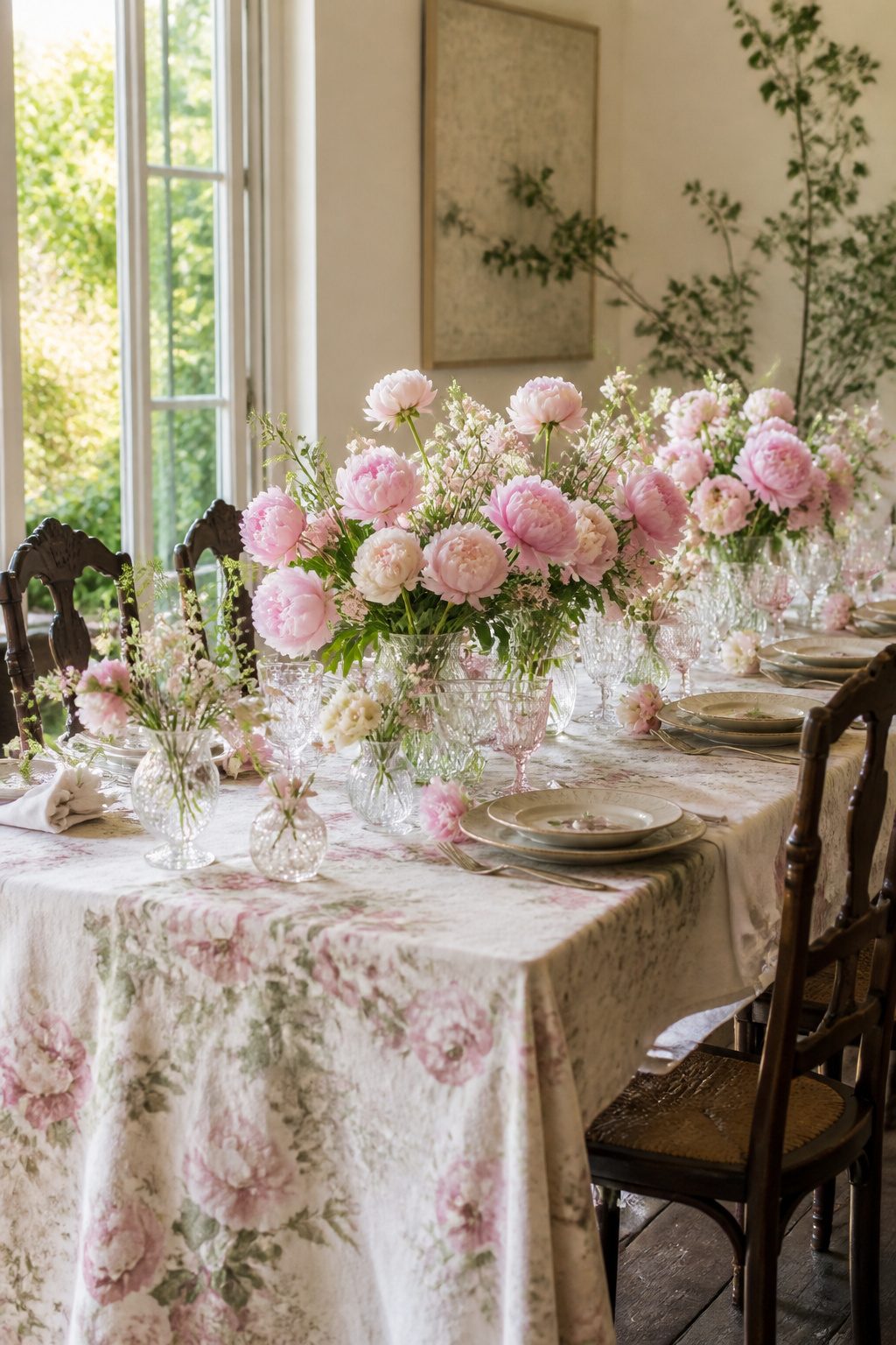 Pastel floral linens and blush peonies on a wedding table.