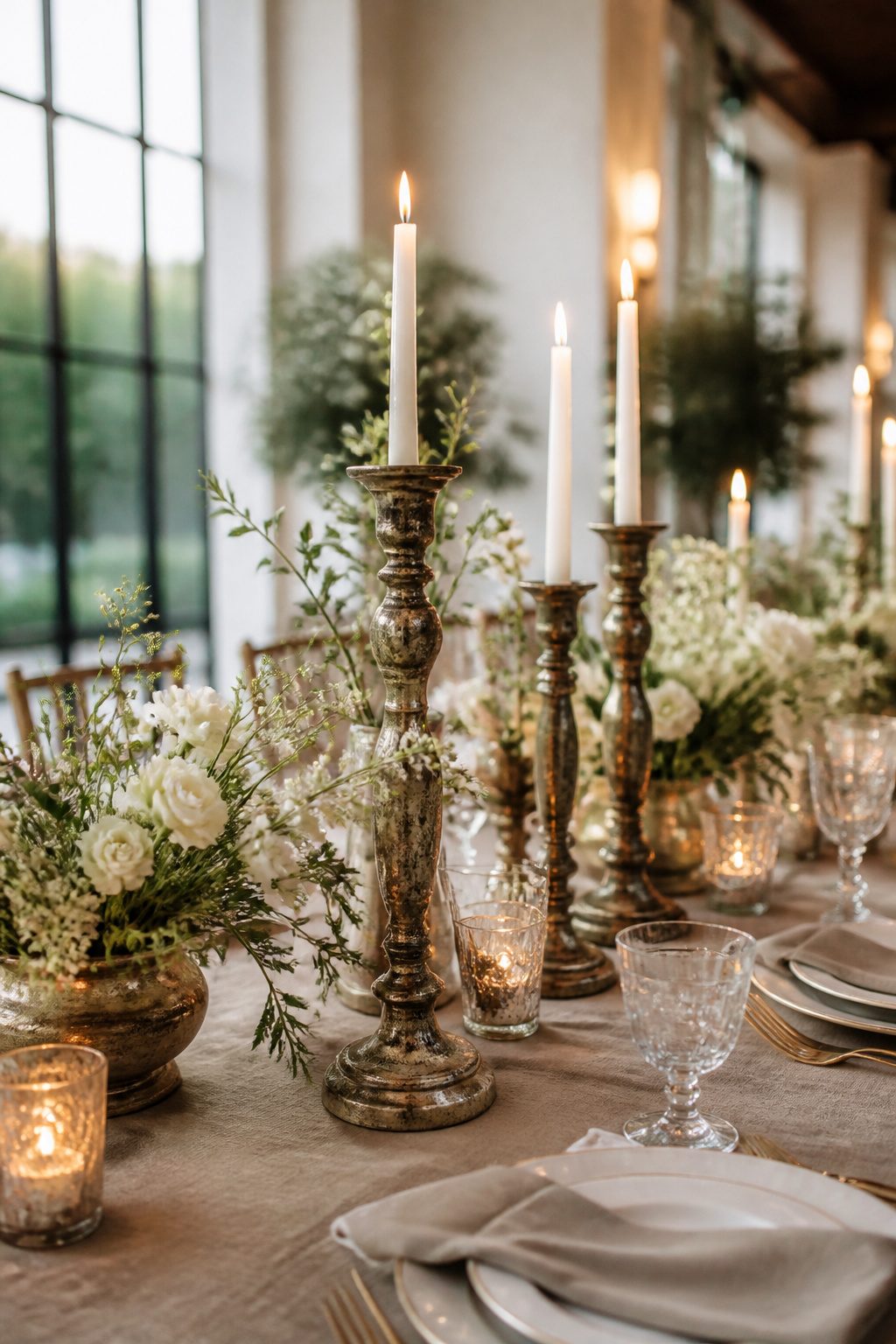 Aged metal candlesticks with white blooms on a table.