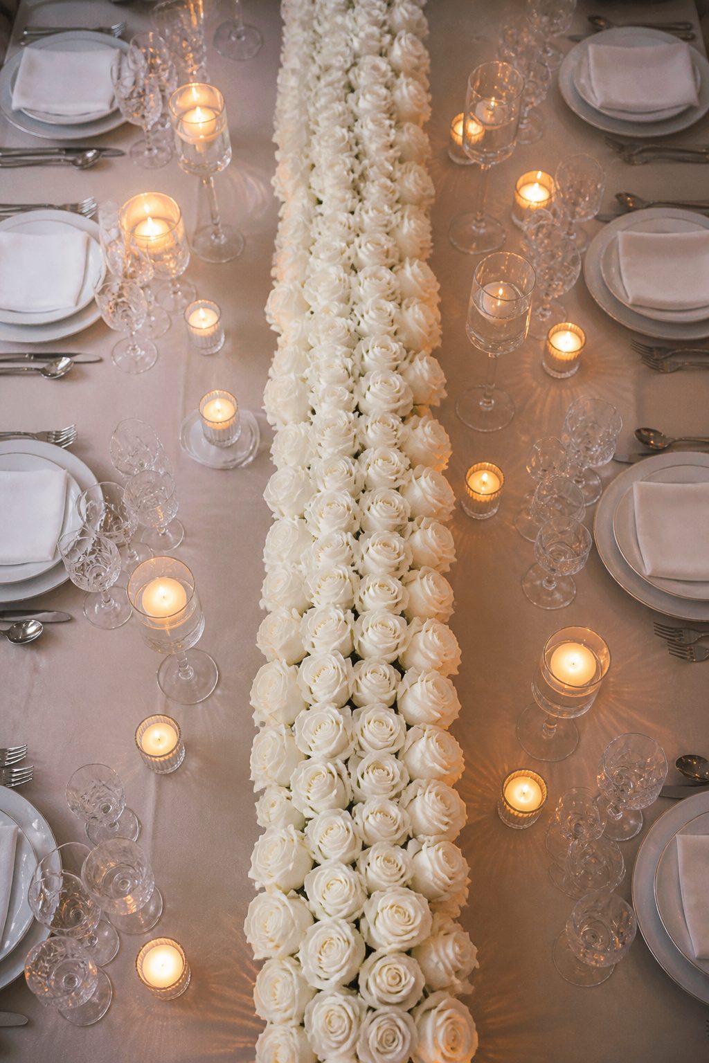 A row of white roses lined stem-to-stem in a centerpiece.