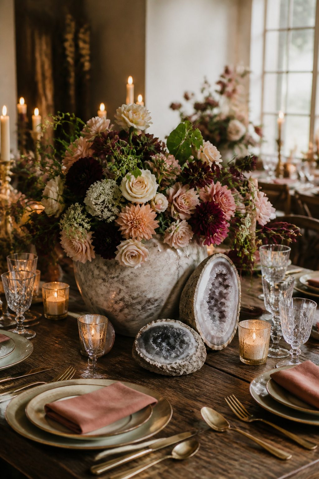 Stone vessels and geode slices with flowers in a centerpiece.