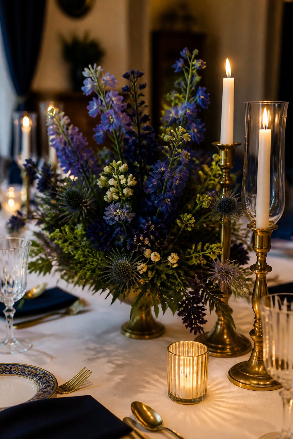 Navy thistles and delphinium in a centerpiece on a white table.