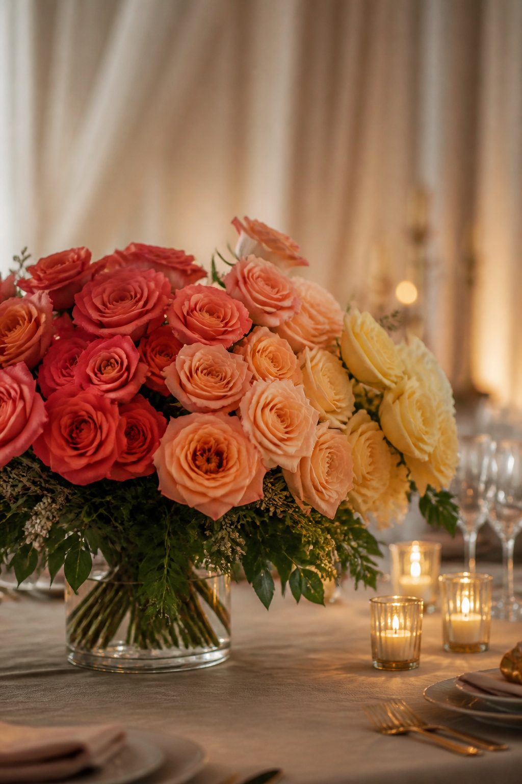 Ombre rose arrangement in shades from coral to yellow.