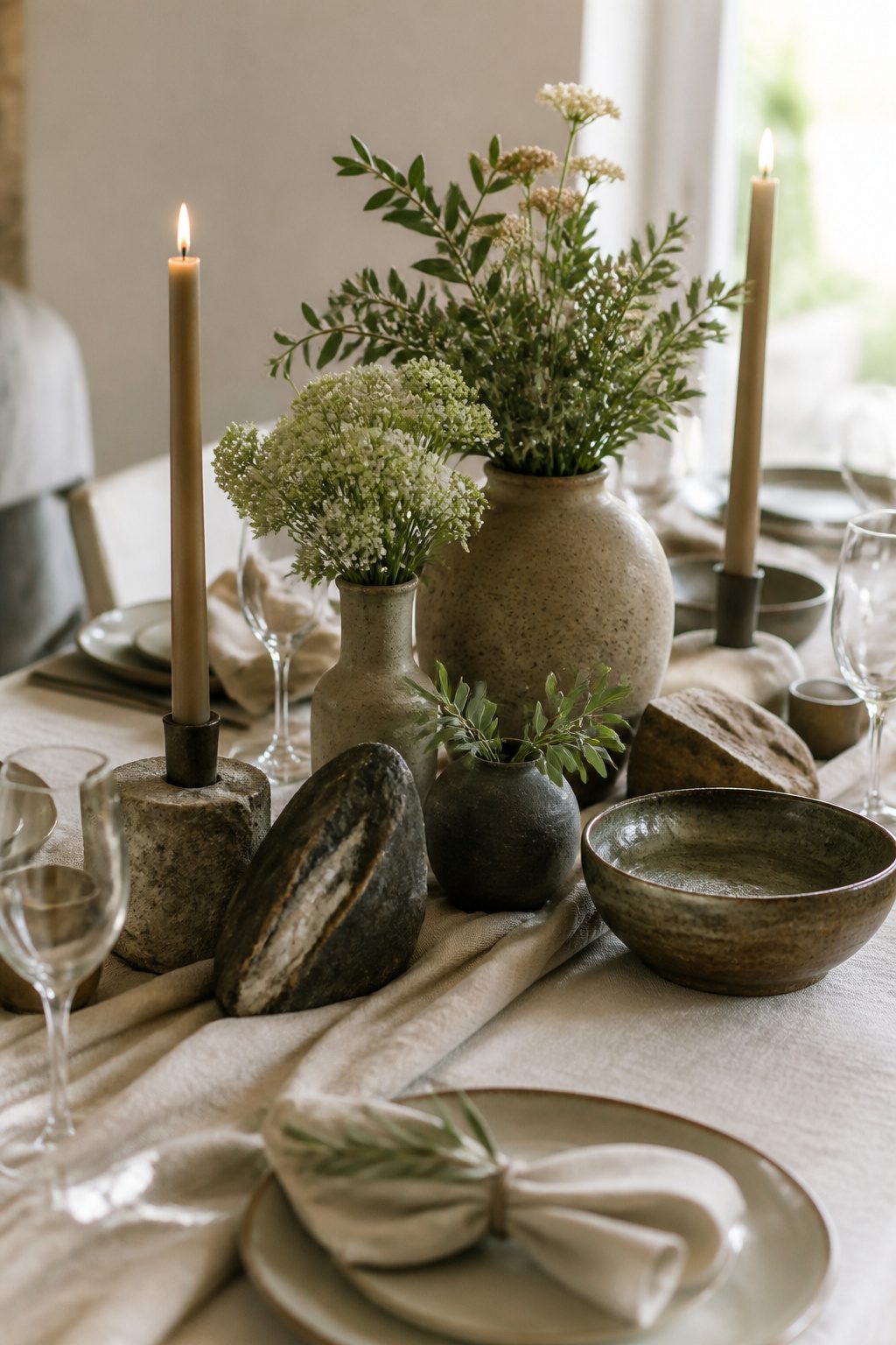 Raw granite and ceramic vessels with greenery on a table.
