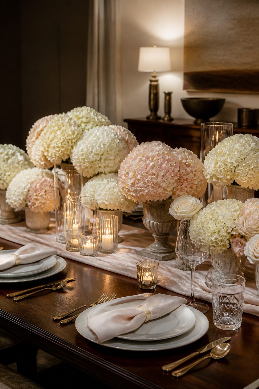 Cream and pale rose hydrangeas in stone-toned vessels.