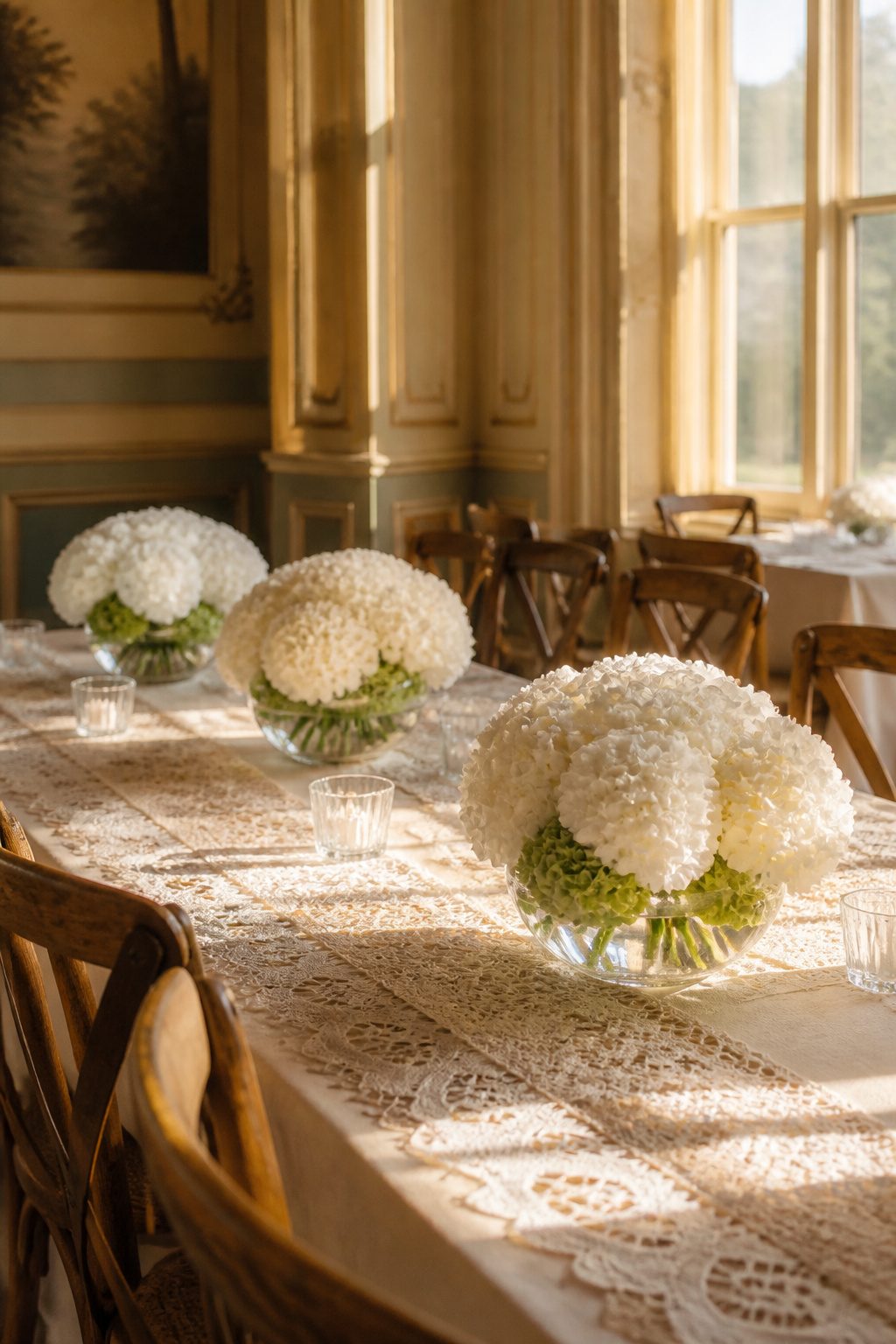 Lace runners with low bowls of white flowers on a wooden table.