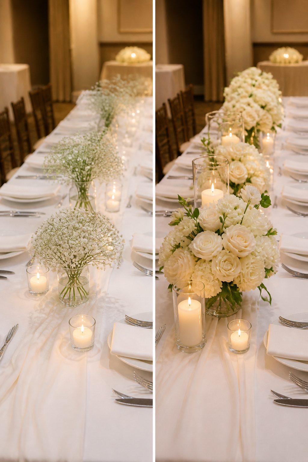 Centerpiece with warm-toned flowers on a table.