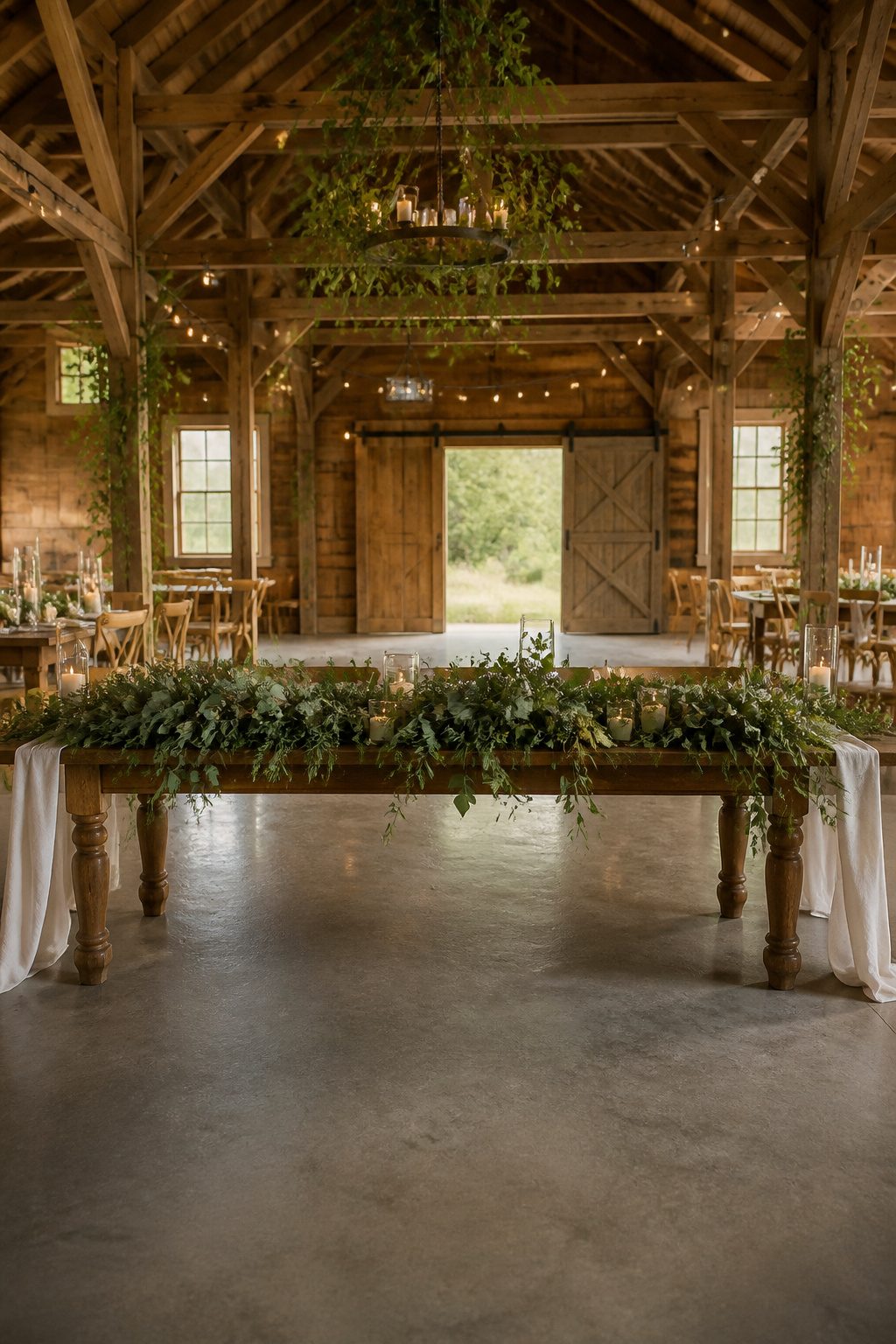 Centerpiece primarily made of greenery on a table.