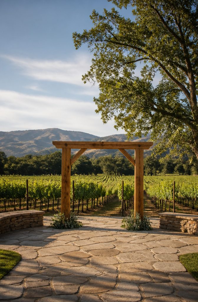 Wedding Ceremony Decor: Chuppahs, Mandaps, Arches and Aisle Style 3 Cedar arch with vertical grain in an outdoor setting.