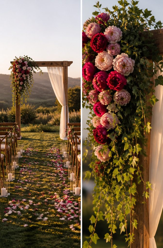Wedding Ceremony Decor: Chuppahs, Mandaps, Arches and Aisle Style 4 Floral arrangement and draping on a ceremony structure.