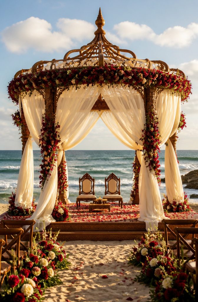 Wedding Ceremony Decor: Chuppahs, Mandaps, Arches and Aisle Style 2 Mandap structure with curves and floral decorations.