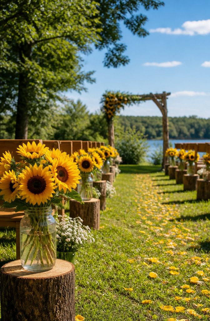 Wedding Ceremony Decor: Chuppahs, Mandaps, Arches and Aisle Style 6 Mason jars with sunflowers on wooden stumps.