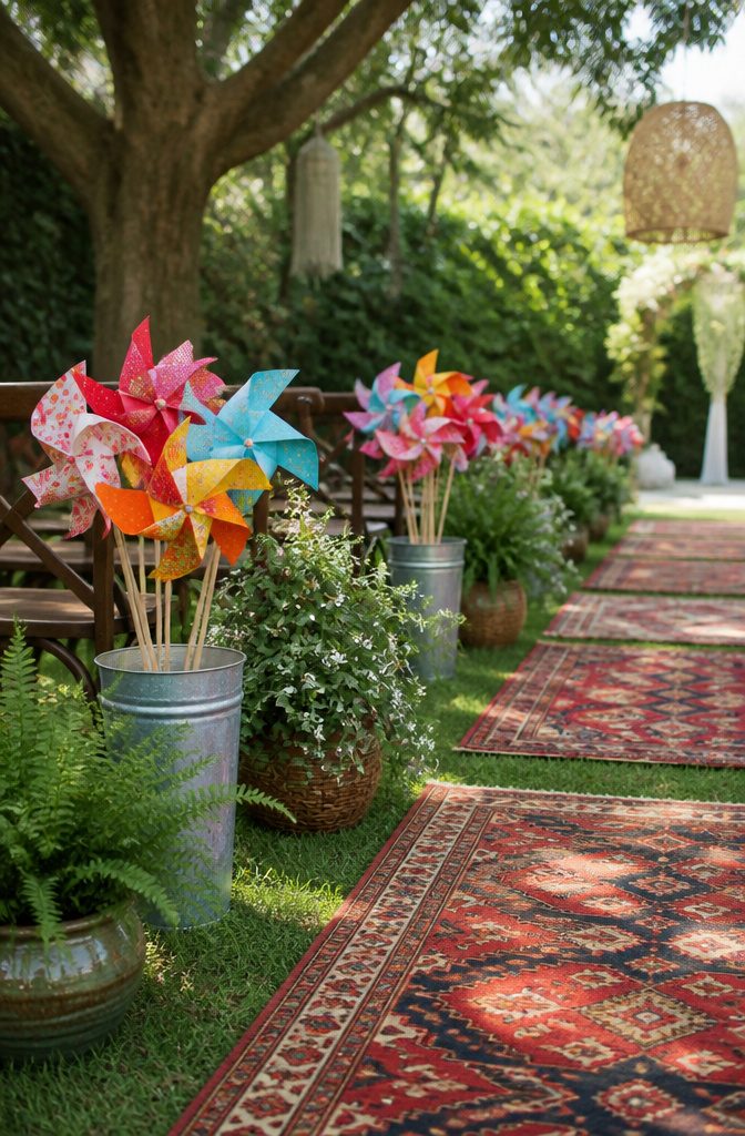 Wedding Ceremony Decor: Chuppahs, Mandaps, Arches and Aisle Style 8 Pinwheels in buckets and Moroccan rugs along the aisle.