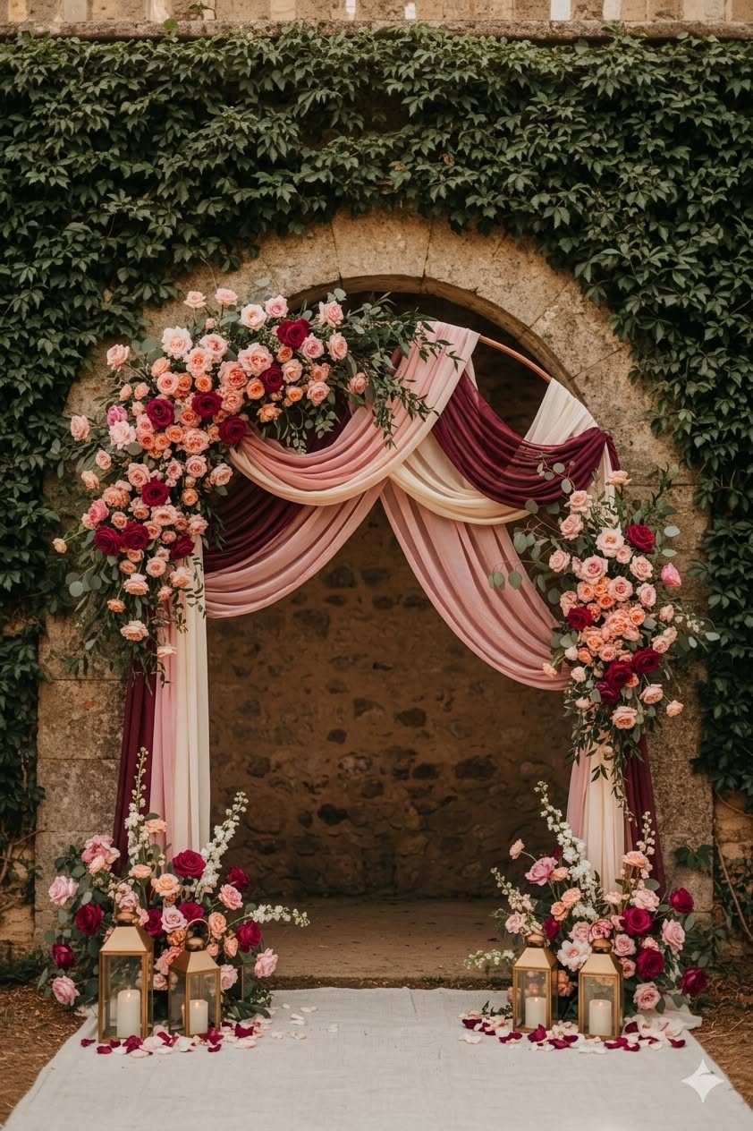A circular wedding arch draped in burgundy and peach fabric with matching floral arrangements and lanterns.