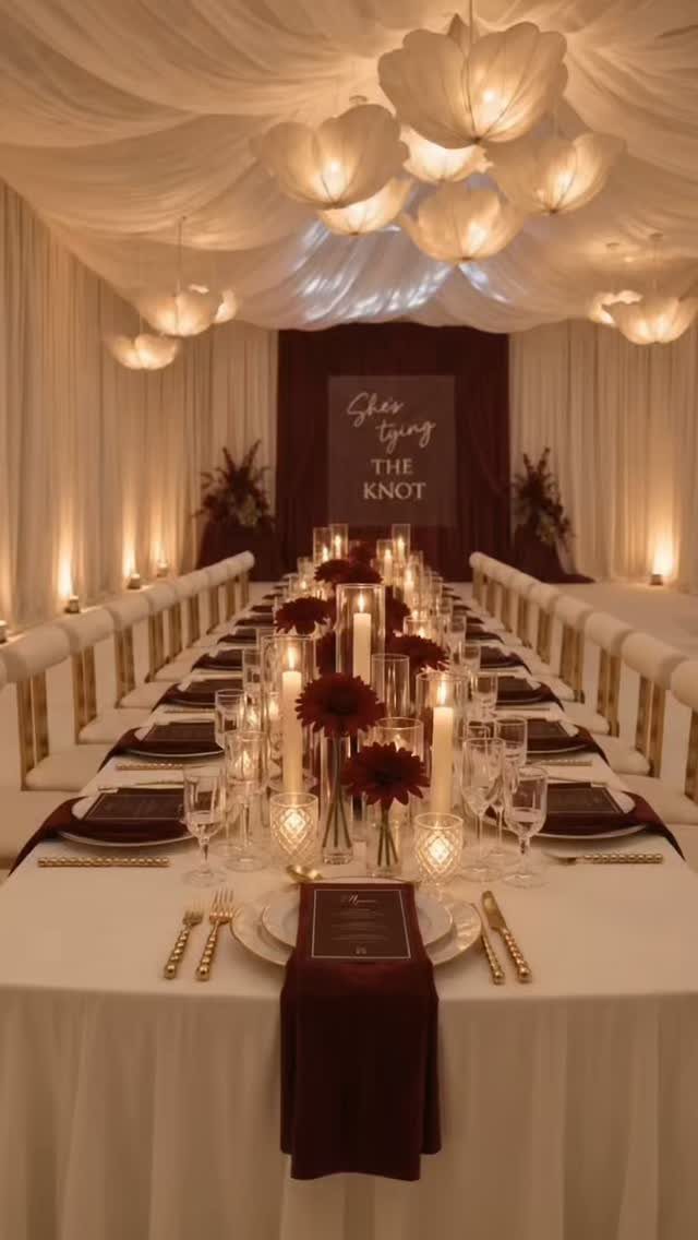 A long wedding table set with burgundy napkins, gold cutlery, and white taper candles.