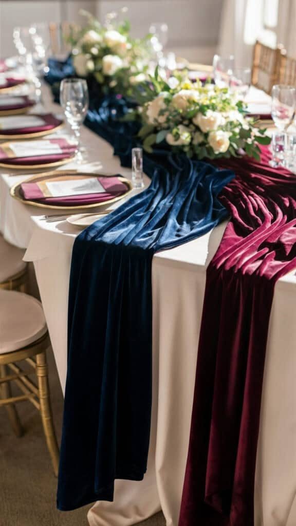 Burgundy and navy velvet runners draped over a white wedding reception table with floral centerpieces.