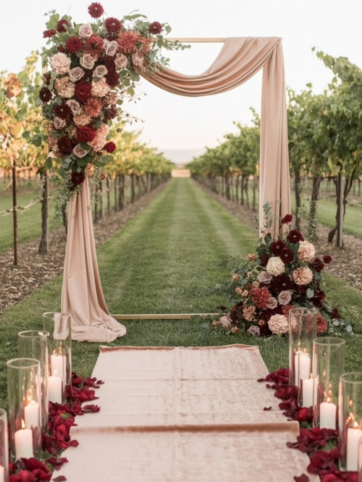 A peach fabric wedding arch decorated with burgundy roses stands in a lush green vineyard.